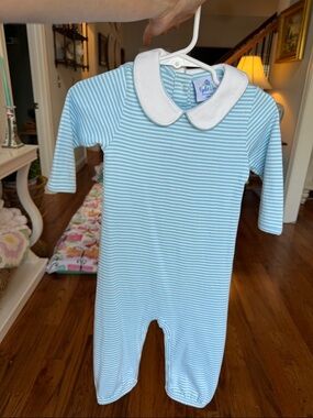 Classic Light Blue Striped Peter Pan Collar One-Piece for Kids